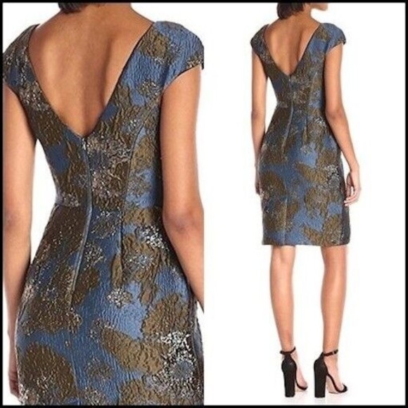 Vera Wang Brocade Dress Women Size 6 Dark Teal Green Metallic V-cut Back Lined - Picture 3 of 16